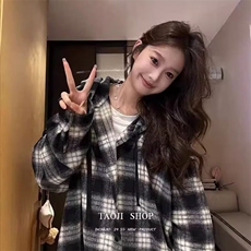 连帽格子衬衫春秋季港风休闲宽松长袖2025新款美式复古女生外套，男装衬衫，星座506A
