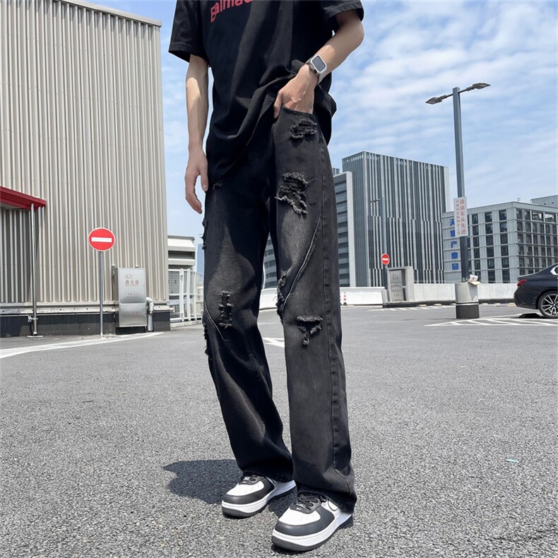 复古阔腿牛仔裤男春秋季新款宽松百搭破洞牛仔裤T1722-P42有货,男装牛仔裤,星座302B