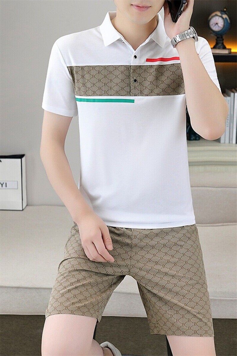 23667-P65Polo衫男士休闲套装夏季潮牌翻领短裤短袖t恤薄款两件套,男装休闲套装,电商D310B-1