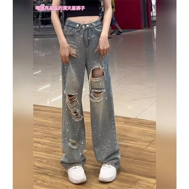 破洞阔腿牛仔裤新款大码胖妹妹梨型身材带钻烫钻显瘦直筒裤-网图图片