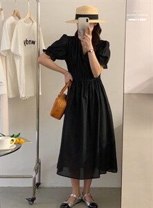 法式方领泡泡袖连衣裙夏季设计感小众温柔高级感图片