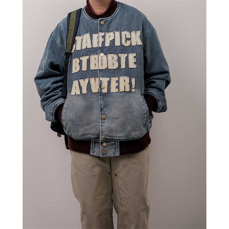 美式潮牌字母做旧水洗牛仔外套男女复古宽松百搭夹克JK3355-P70，男装工装外套，星座208-5