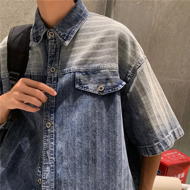 日系重工渐变复古宽松大版显瘦牛仔短袖衬衫外套上衣CY453-P56,男装衬衫,星座412-3