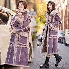 紫色高级感皮毛一体外套女中长款2023冬季新款厚实减龄仿羊羔毛大衣，女装羊羔毛/颗粒绒，千千佰惠