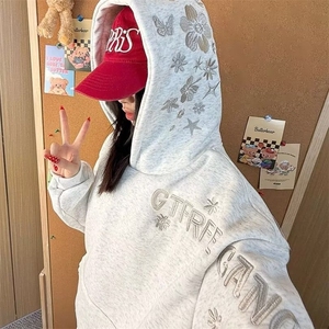 美式复古字母印花连帽休闲卫衣男女2025春秋宽松设计感小众上衣图片