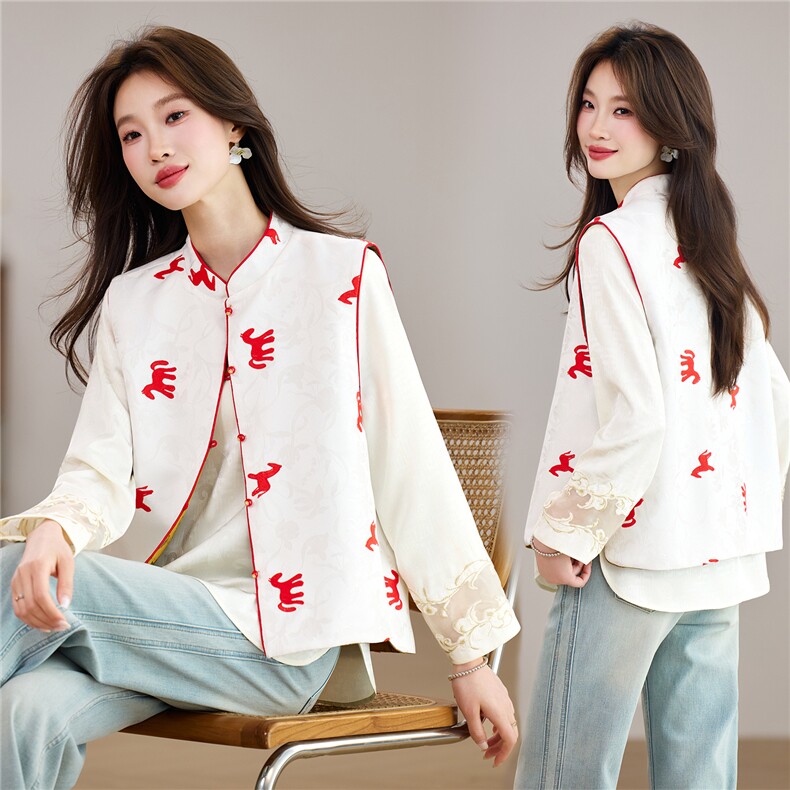 现货春季新款新中式小马刺绣两面穿立领马甲+刺绣缎面衬衫两件套，女装套装/套裙，央宝儿