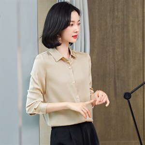 杭州真丝衬衫女长袖纯色翻领重磅桑蚕丝上衣宽松直筒杭州丝绸秋装图片