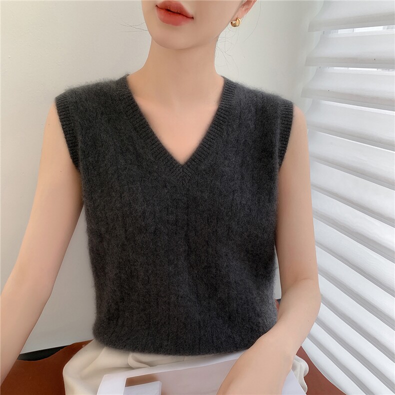 2025年秋季新款百搭女士12针全身扭花V领马甲,女装羊绒衫,百越羊绒
