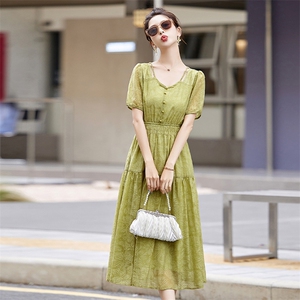 时尚气质优雅短袖连衣裙女2025夏季新款收腰显瘦休闲长裙图片