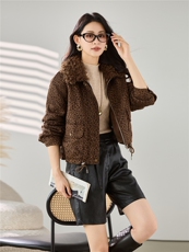 2025秋冬装新款豹纹加绒加厚短外套，女装棉衣/棉服，梦芯尔