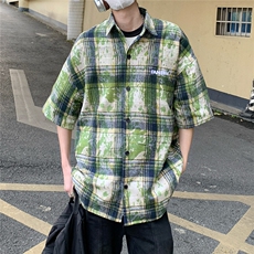 2026夏美式扎染刺绣格子短袖衬衫衬衣五分袖CS1805/特P35绿色7，男装衬衫，电商A094