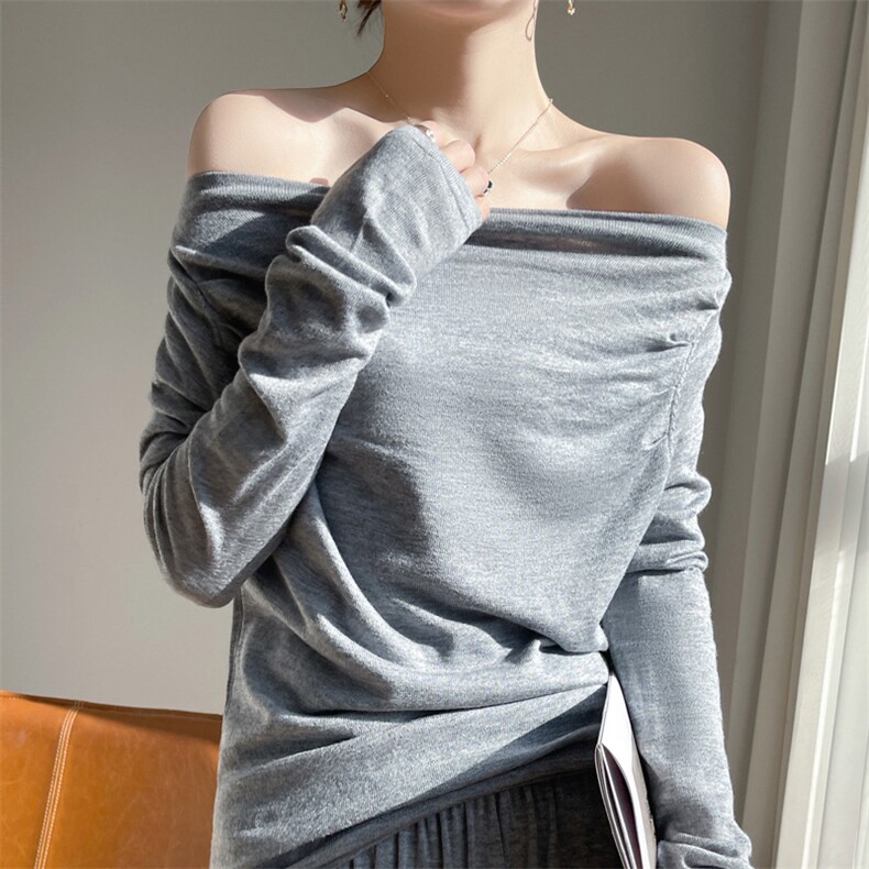 初春新款精纺羊毛衫女一字领露肩修身薄款套头针织上衣长袖打底衫，女装羊毛衫，总能电商供货