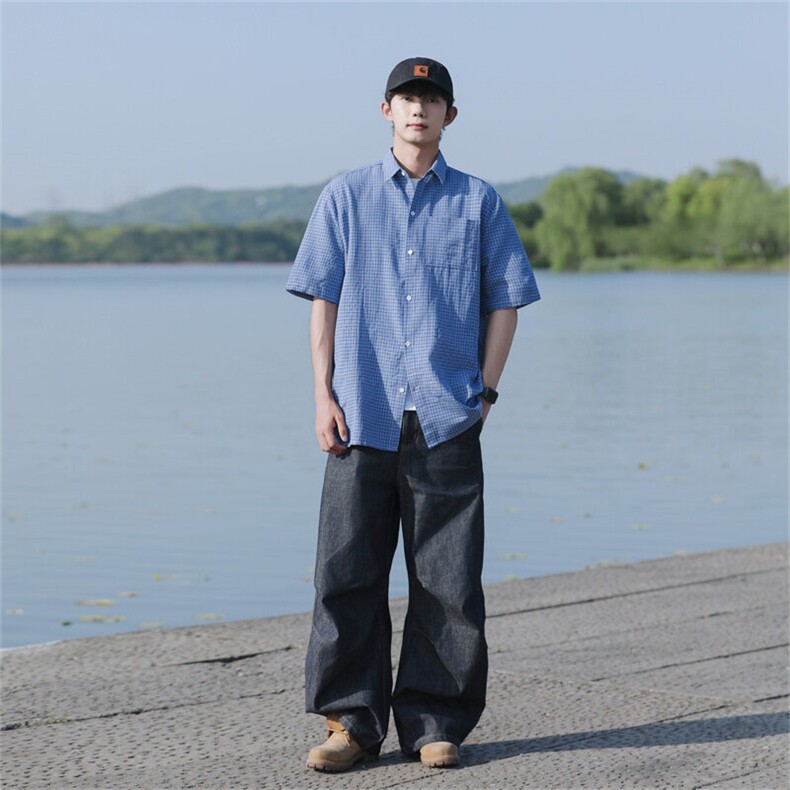 夏装短袖蓝色格子衬衫男潮流百搭宽松短袖衬衣CS606P28,男装T恤,电商C323