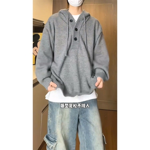 重磅秋冬装北极绒开衫毛衣美式复古休闲慵懒风针织衫加厚连帽外套图片