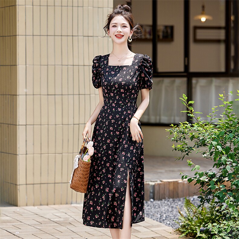 法式气质方领碎花连衣裙女2024夏季新款修身显瘦气质开叉雪纺裙子,女装连衣裙,布芭啦