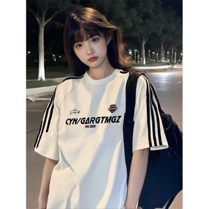 抖音得物高品质二开240克宽松纯棉美式潮牌三条杠织带短袖T恤图片
