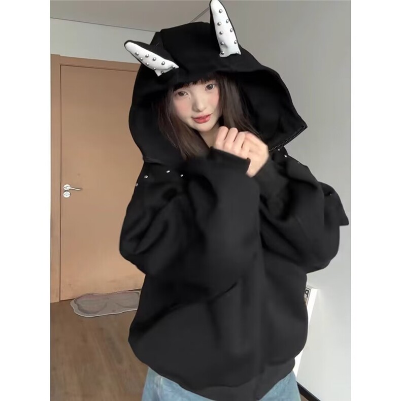 秋冬季美式兔耳连帽卫衣柳钉重磅潮牌加厚设计感情侣外套W29P58,女装短外套,电商D315