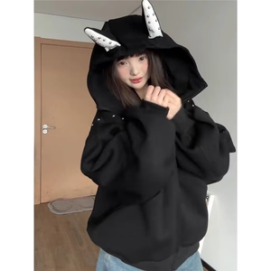 秋冬季美式兔耳连帽卫衣柳钉重磅潮牌加厚设计感情侣外套W29P58图片