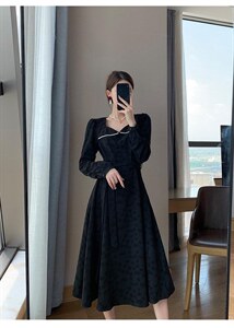 秋季新款韩版时尚修身淑女气质高雅珍珠领连衣裙,女装连衣裙,荷塘月色