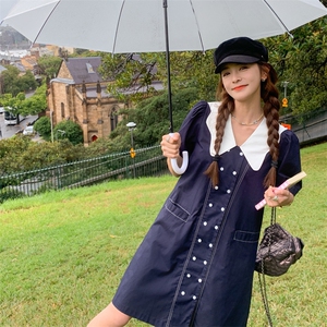 设计感花瓣领泡泡袖西装裙女夏季新款2024宽松显瘦中长款衬衫裙女图片