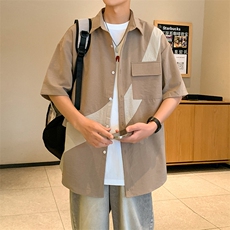 24年港风夏款工装拼接宽松短袖衬衫男CS115P40，男装衬衫，星座1204-3