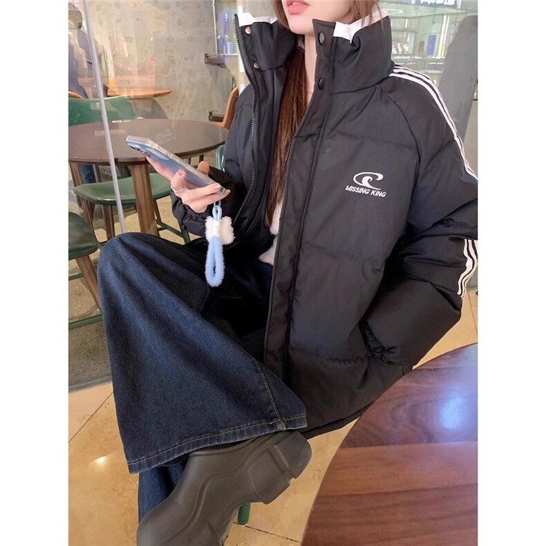 黑色韩系休闲短款羽绒棉服女2025冬季新款学院风三条杠面包服外套,男装棉衣,星座1210-1