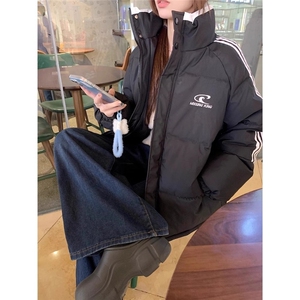 黑色韩系休闲短款羽绒棉服女2025冬季新款学院风三条杠面包服外套图片