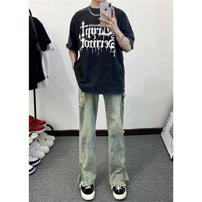 B221美式ins高街暗黑系拉链设计破洞牛仔裤LK23070-P65控88,男装牛仔裤,电商B221