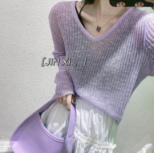 竹节麻V领针织小衫，女装，金翕服饰