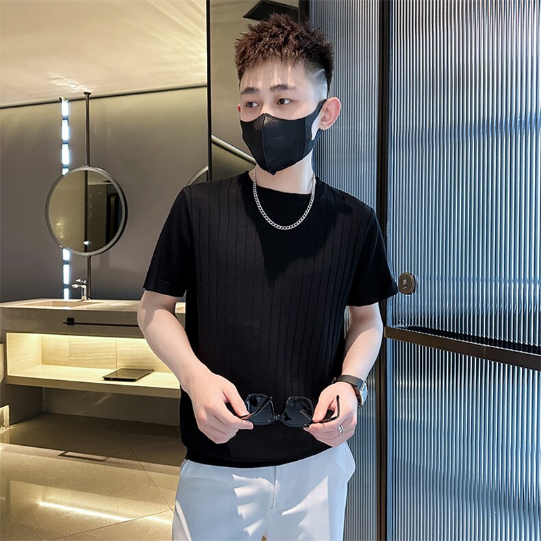 2026夏季短袖T恤圆领针织半袖坑条上衣纯色冰丝休闲上衣T0268-P50,男装T恤,电商D342