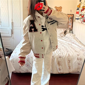 1506/QJK5400/P77加厚夹棉毛呢拼接PU皮重磅美式刺绣棒球服图片