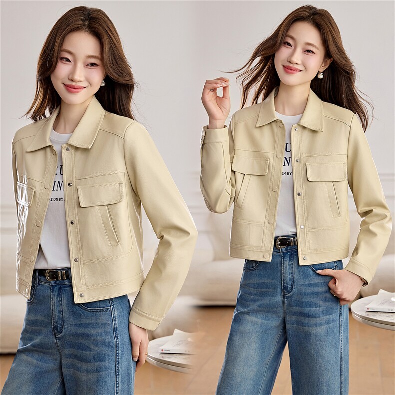 【春季女装新款】2026大量现货春季时尚立领宽松皮衣外套，女装皮衣，缘衣格