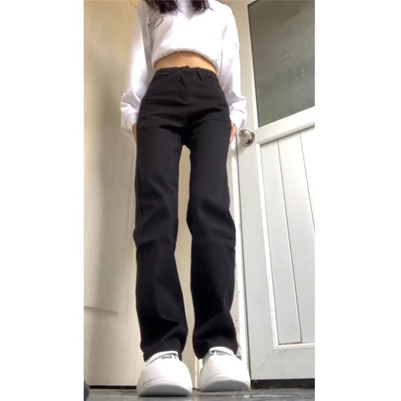 黑色窄版直筒牛仔裤女高腰修身弹力显瘦显高百搭加长烟管堆堆裤子,男装牛仔裤,星座1210-1