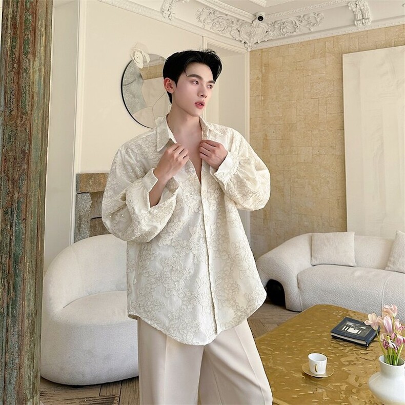 春季新款潮流男装双层浮雕薄纱绣花工艺长袖方领衬衣A345-635-P145图片