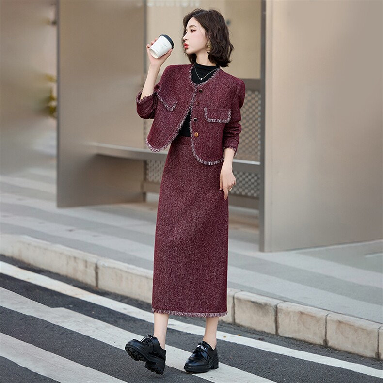 小香风套装女2025春秋新款高级感法式气质红色半身裙两件套职业装,女装套装/套裙,艾仟回(原伊仟回)