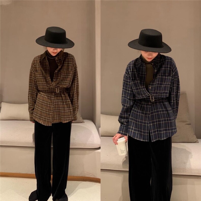 韩系百搭格子衬衫，女装衬衫，A.S BAINA 艾莎佰纳