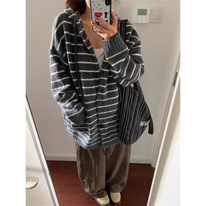 秋冬新条纹连帽毛衣男女同款美式复古慵懒风撞色针织开衫外套潮流
