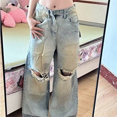 破洞牛仔裤2025新款春夏款美式复古水洗做旧直筒阔腿宽松脏脏裤，男装牛仔裤，星座601-1