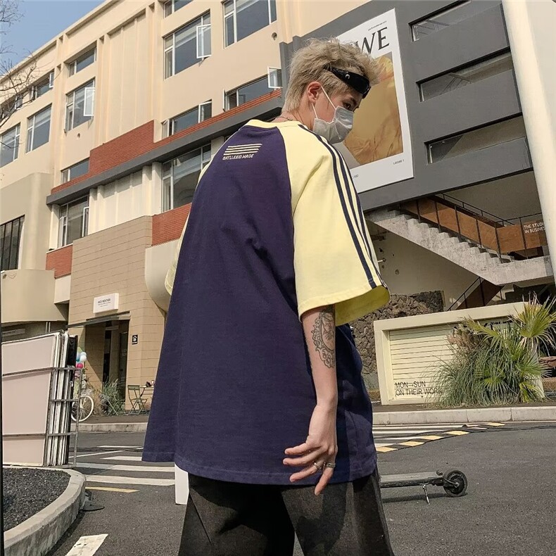 美式复古拼色条纹短袖T恤男女潮宽松百搭情侣款半袖上衣,男装T恤,星座410-7