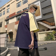 美式复古拼色条纹短袖T恤男女潮宽松百搭情侣款半袖上衣，男装T恤，星座410-7