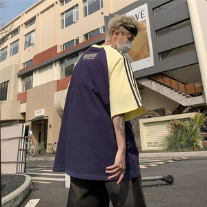 美式复古拼色条纹短袖T恤男女潮宽松百搭情侣款半袖上衣图片