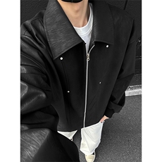 复古翻领皮衣男春季铆钉宽松夹克拼接外套男C61310-TP55不，男装夹克，电商A102