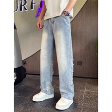 港风潮男夏季新款2025个性字母牛仔裤嘻哈ins潮高街潮流痞帅长裤，男装牛仔裤，星座1210-1
