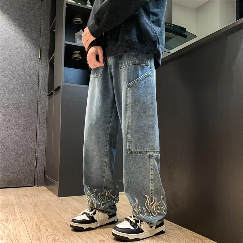 美式高街牛仔裤男韩版潮火焰刺绣个性2023秋冬ins长裤RK1042-P47图片