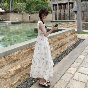 法式甜美碎花雪纺背心连衣裙女2025夏季新款韩版收腰显瘦桔梗长裙图片