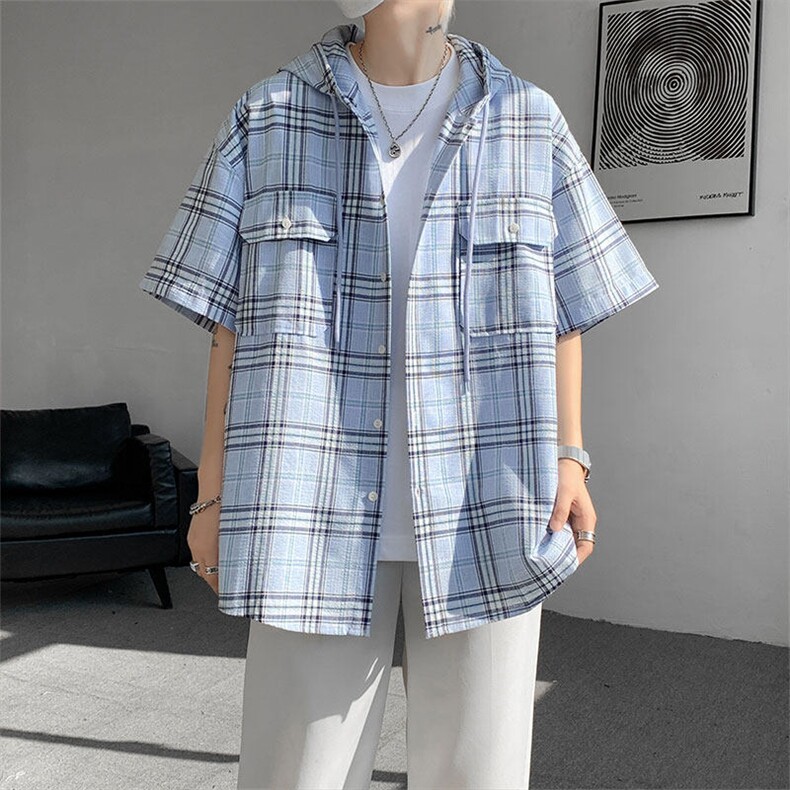现货 T10118-特批42 控78 活力格子衬衫男女宽松T恤短袖连帽开衫图片