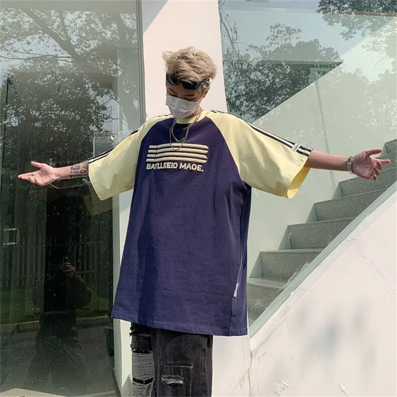 美式复古条纹短袖T恤男女ins潮宽松bf情侣夏装半袖上衣T30444-p38,男装T恤,星座1008-2