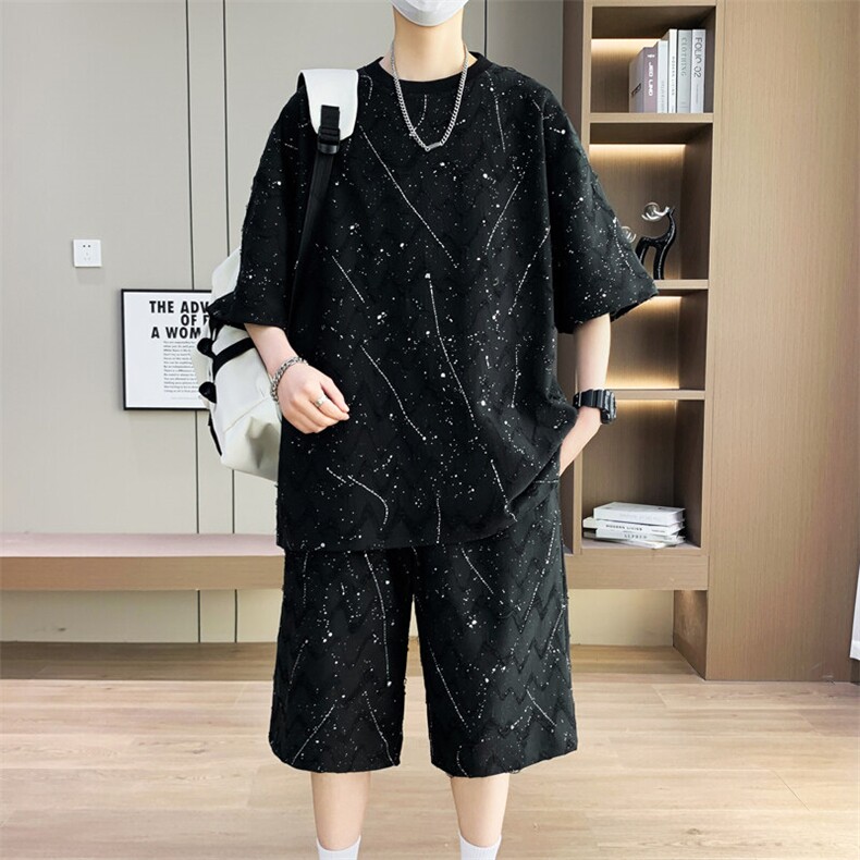 夏季港风套装男宽松满天星短袖T恤短裤休闲套装TZ6631-P55,男装牛仔裤,星座310B-3