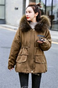 棉衣/棉服2021新款冬兔毛中长款工装带帽棉服女外套配毛领图片