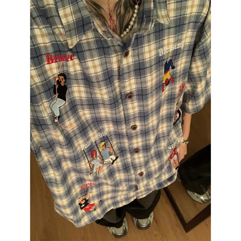 【有货】T07CC-特P40格子刺绣短袖衬衫男女款情侣外套,男装衬衫,星座1007（原301D）